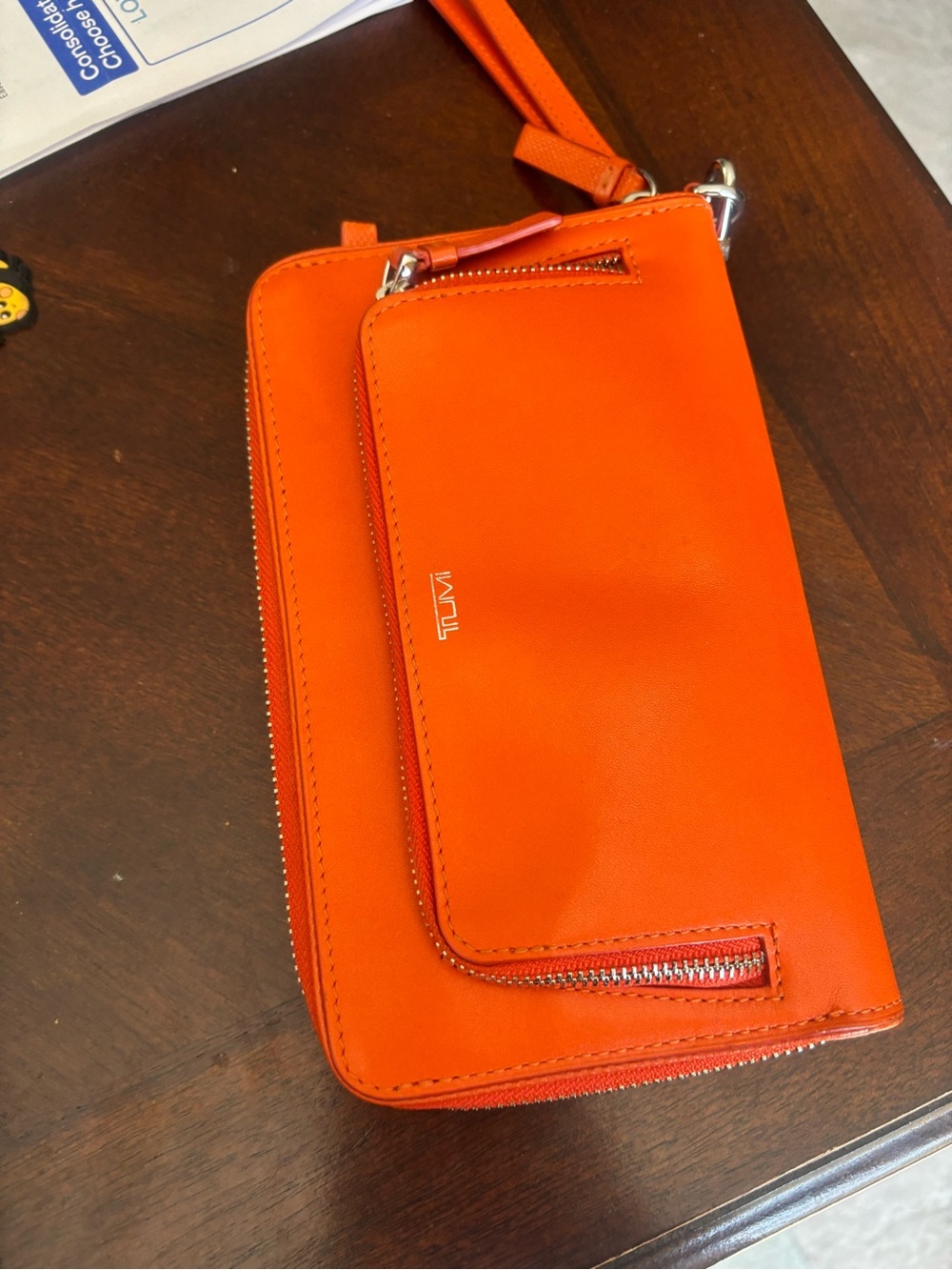 Tumi Orange Leather Wristlet Clutch